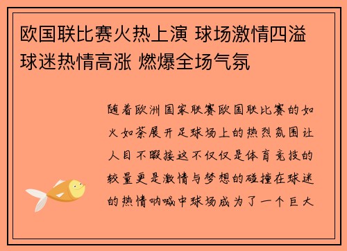 欧国联比赛火热上演 球场激情四溢 球迷热情高涨 燃爆全场气氛